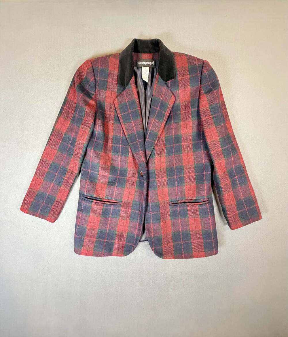 Vintage Sag Harbor Petite Plaid Wool Blazer Size 4 Velvet Collar Academia
